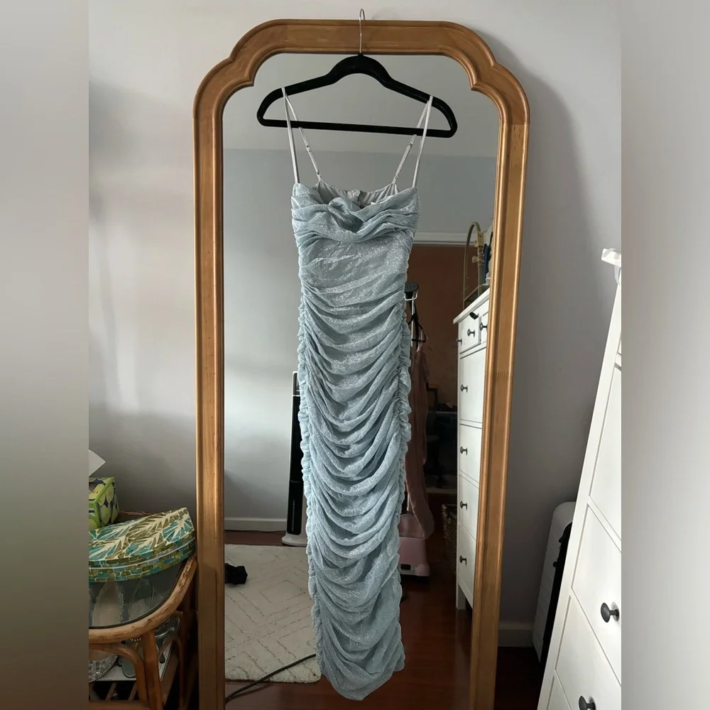 HOUSE OF CB Fornarina Baby Blue Sparkle Silvermist Fairy Glitter Ruched Dress - Picture 12 of 16